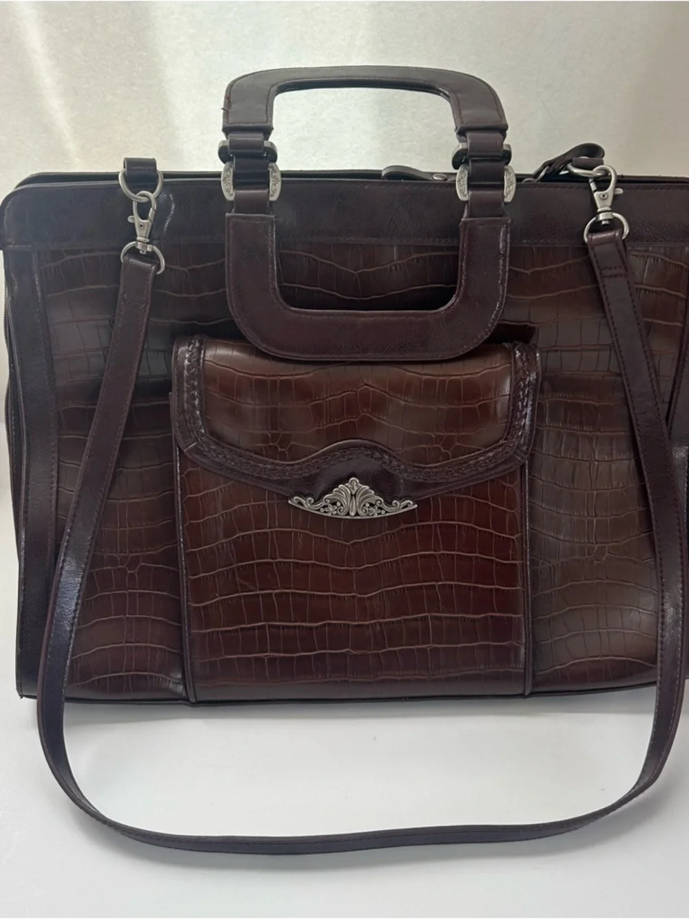VTG Bueno Croc Embossed Faux Leather Briefcase Tote Shoulder Bag Brown Large